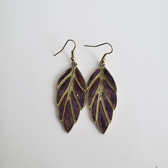 Colorful Shell Purple Leaf Shaped Dangle Earrings - Picture 3 of 8
